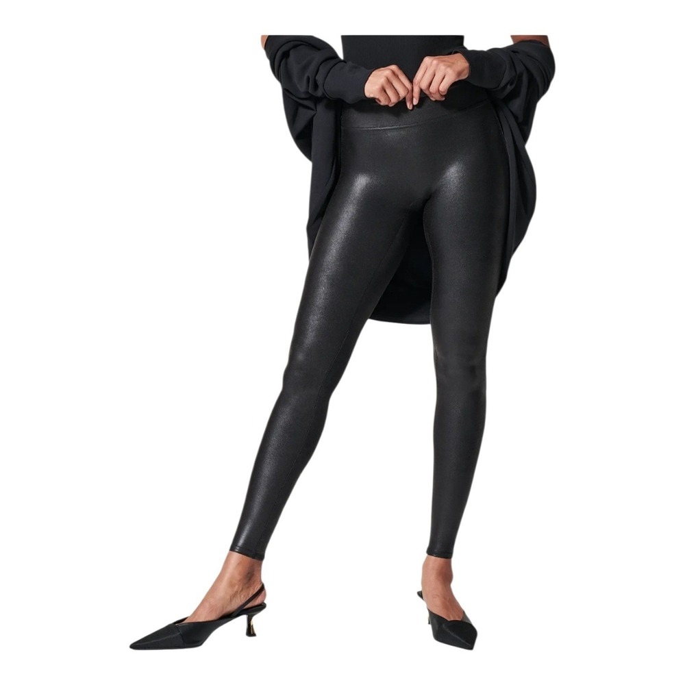 Moto Edgy Baddie Spanx Faux Leather Leggings Sz M Black Mid Rise